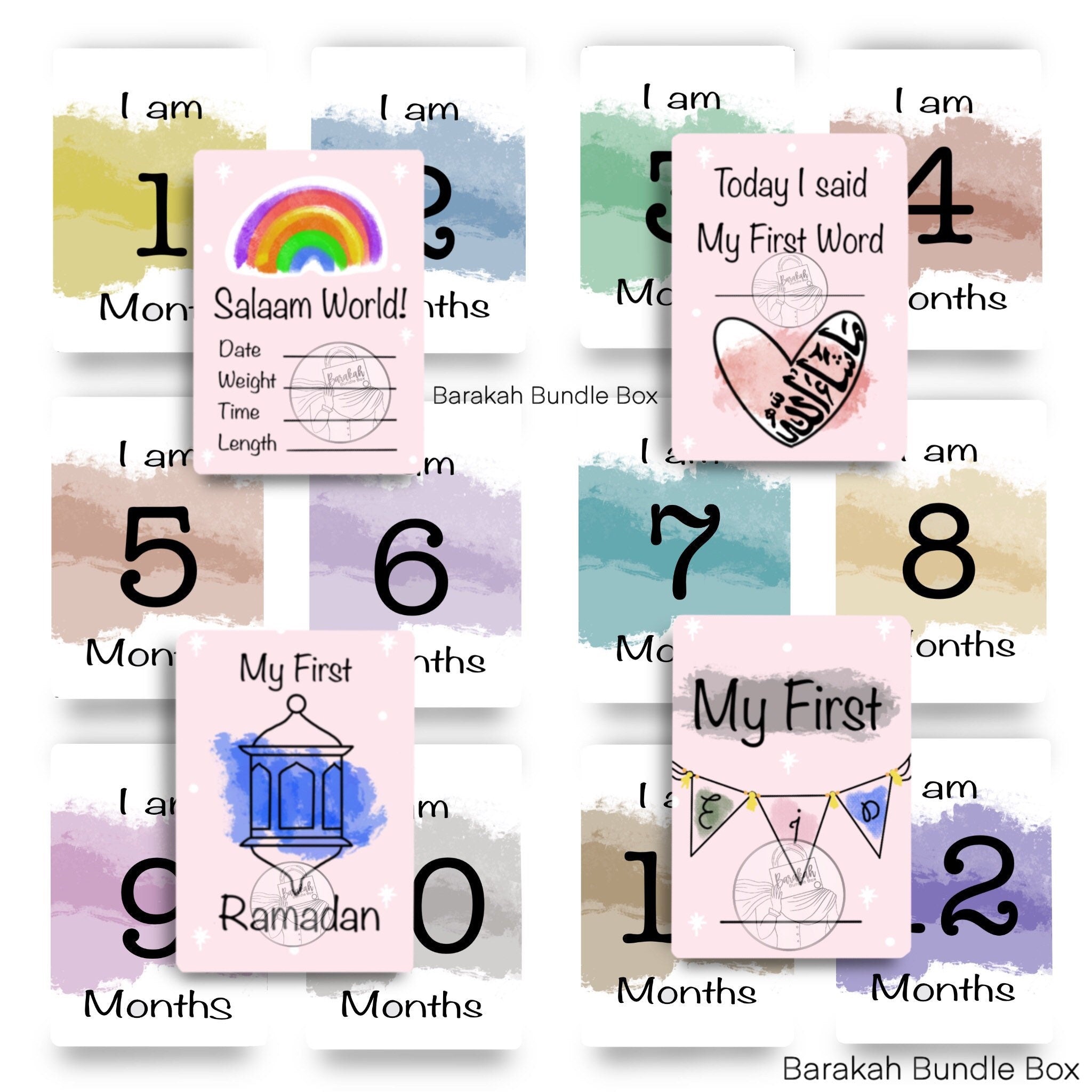 Baby Islamic Milestone Cards (16 set) - Colour options available