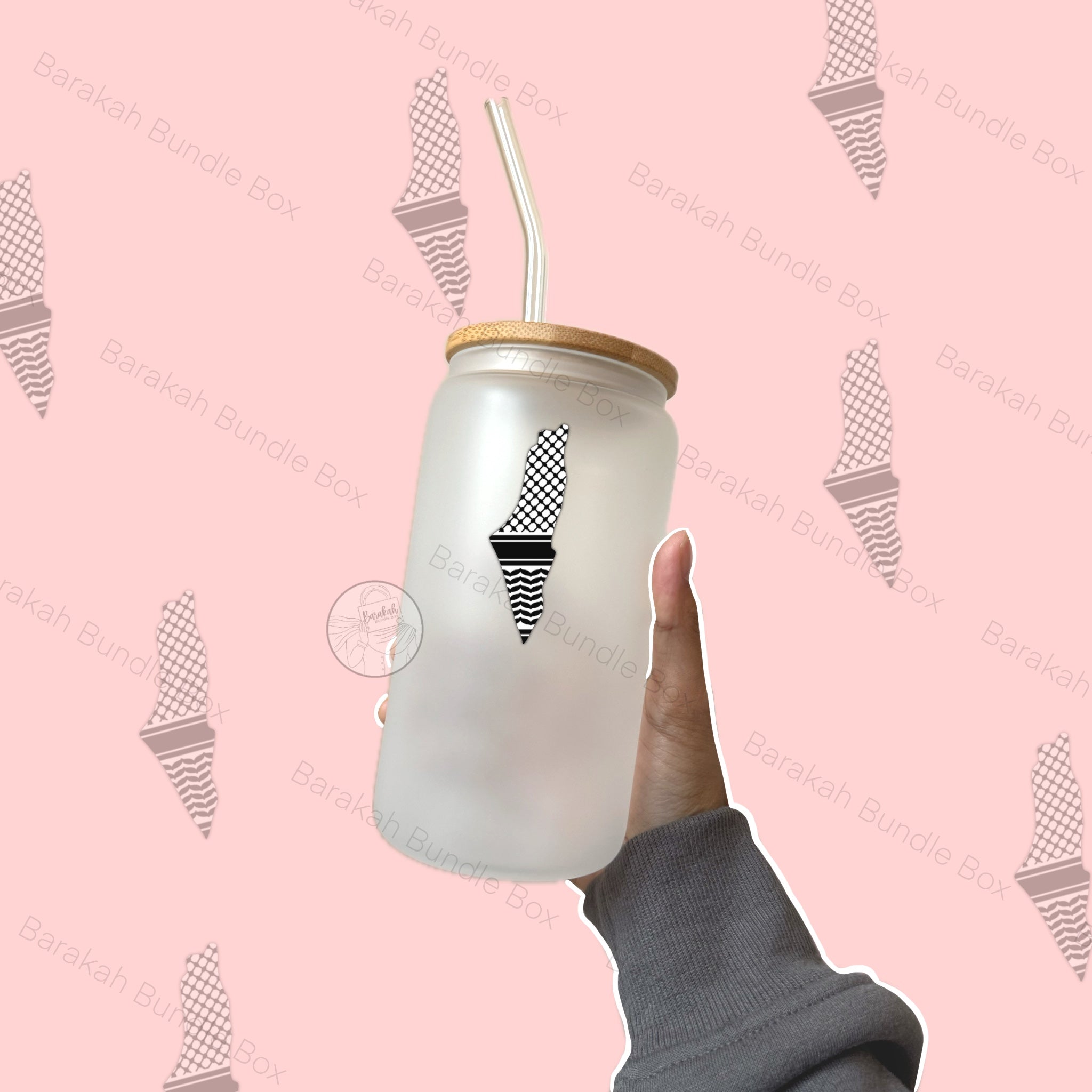 Palestine Design Frosted Glass Tumbler with Glass Straw